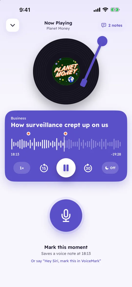 VoiceMark's Now Playing screen with the mic button
