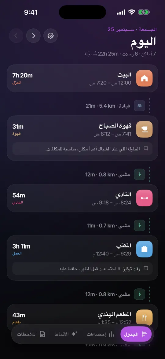 جدول وايم يعرض أماكن اليوم والتنقلات بينها